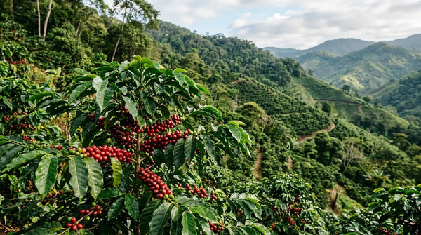Groene Arabica koffiebonen drogen op verhoogde bedden in een berggebied — Arabica koffie en single origin koffie uit hooggelegen teeltgebieden.