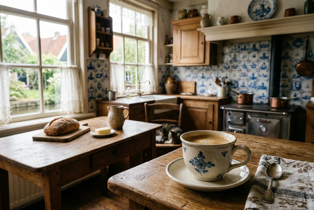 The coffee culture Netherlands built on Dutch coffee trade: a historic canal house with a coffee cup on the windowsill.