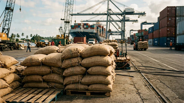 Groene koffiezakken gestapeld in een exporthaven in Latijns-Amerika — Brazilië en Colombia domineren de wereldmarkt voor koffie in 2025.