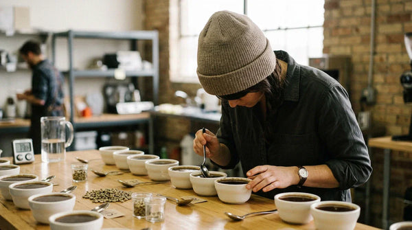 Een Q-grader beoordeelt koffiemonsters tijdens een blinde cuppingsessie — specialty coffee evaluatie en beoordeling van koffiekwaliteit.
