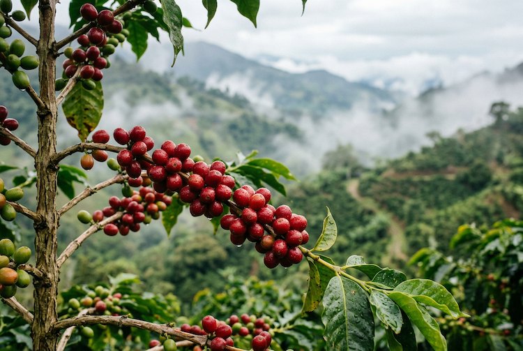 Ripe red coffee cherries on a branch at a mountain plantation in the highlands of Chiapas Mexico.