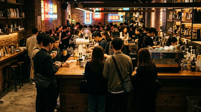 A busy specialty coffee bar in a modern Asian city with young consumers — coffee Asia and coffee China driving specialty coffee growth in the global coffee market Asia.