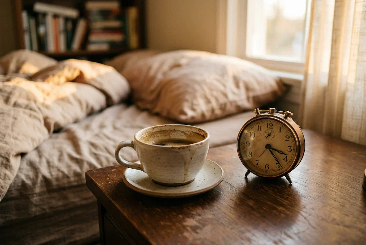A half-empty coffee cup next to an alarm clock showing the connection between coffee and sleep and caffeine sleep timing.