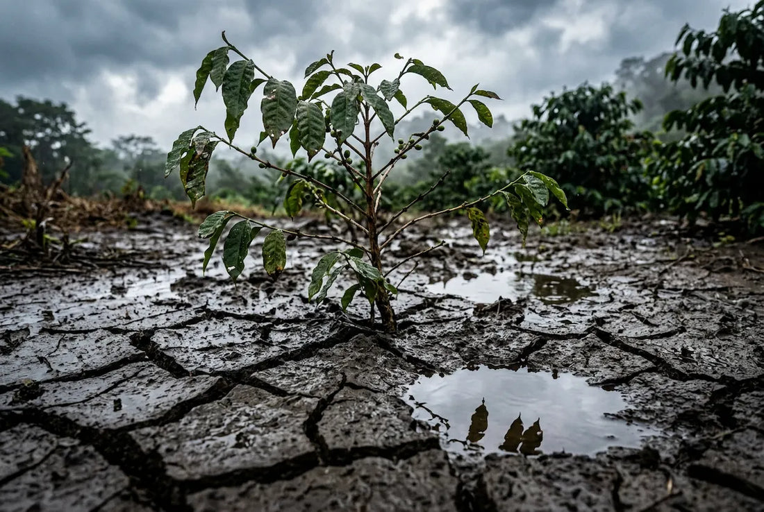 Coffee climate change affects coffee growing regions worldwide: an arabica coffee plant stands under heat stress in a dry landscape.