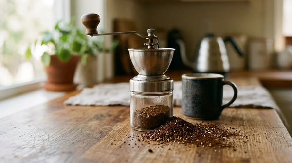 Een burr grinder maalt koffiebonen tot een consistente maalgraad voor optimale extractie en koffiesmaak.