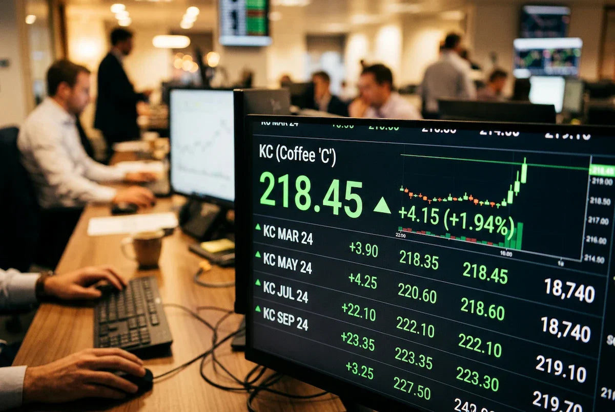 Un panel de precios del café muestra los récords del arábica mientras la volatilidad del mercado cafetero 2025 lleva la subida del precio a niveles históricos.
