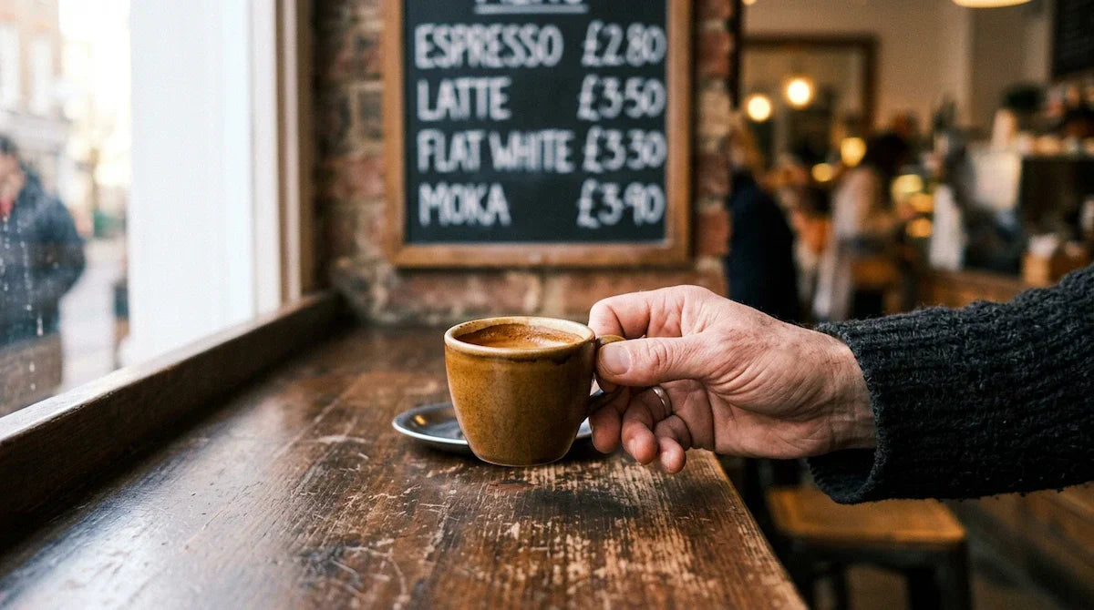 Hand holding espresso cup at cafe counter reflecting coffee prices 2026 in the coffee market
