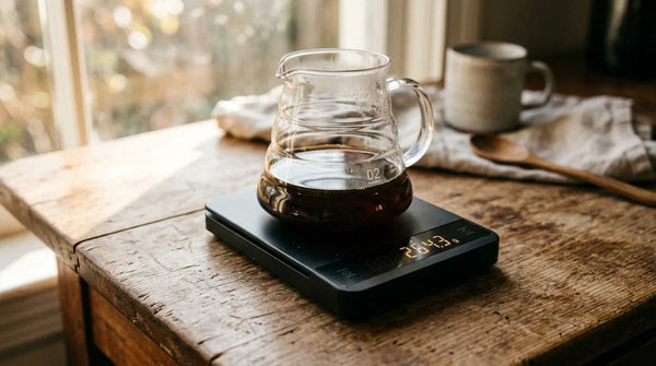 A coffee scale with a pourover dripper on top showing the exact weight — weighing coffee for an accurate coffee ratio when brewing specialty coffee at home.