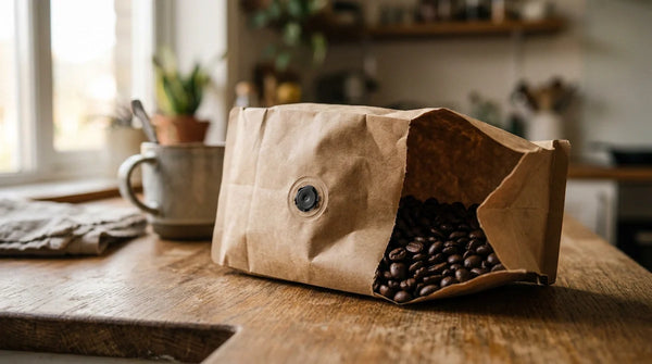 Brown coffee bag with one-way valve bag and fresh roasted coffee beans for coffee bean degassing