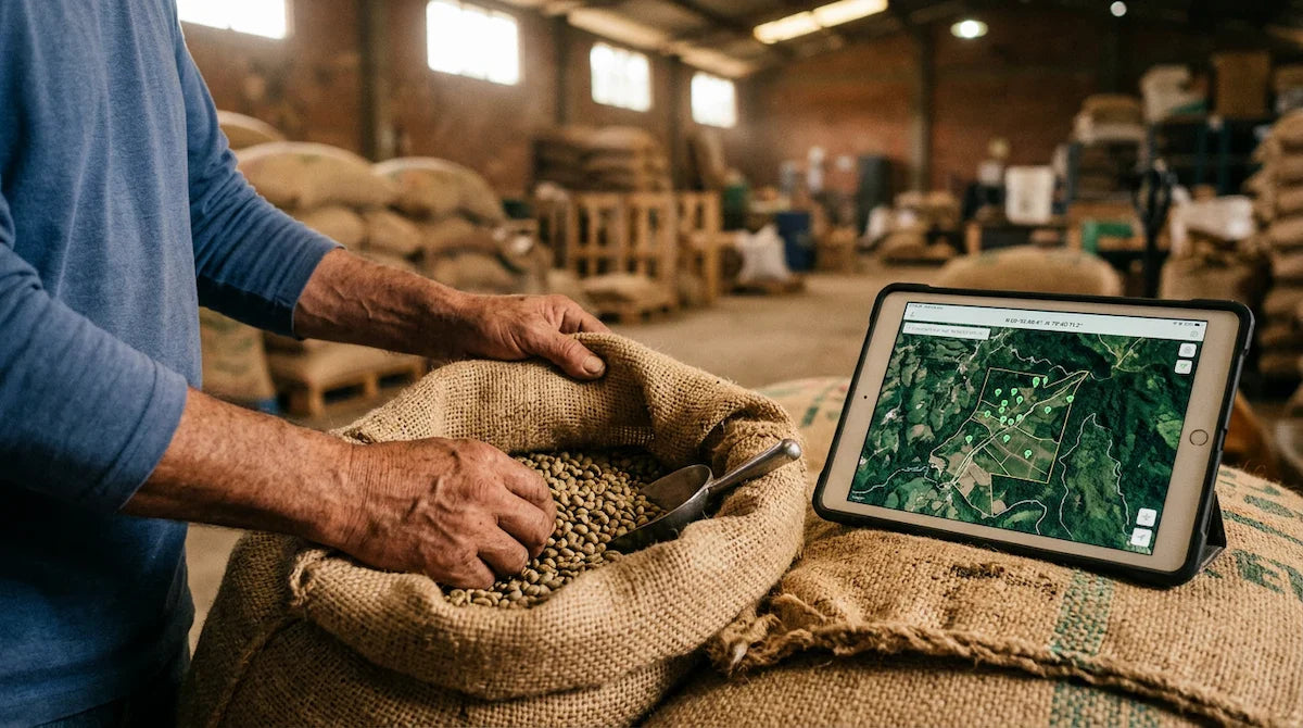 Hands holding green coffee with tablet showing coffee geolocation data for EU deforestation regulation coffee