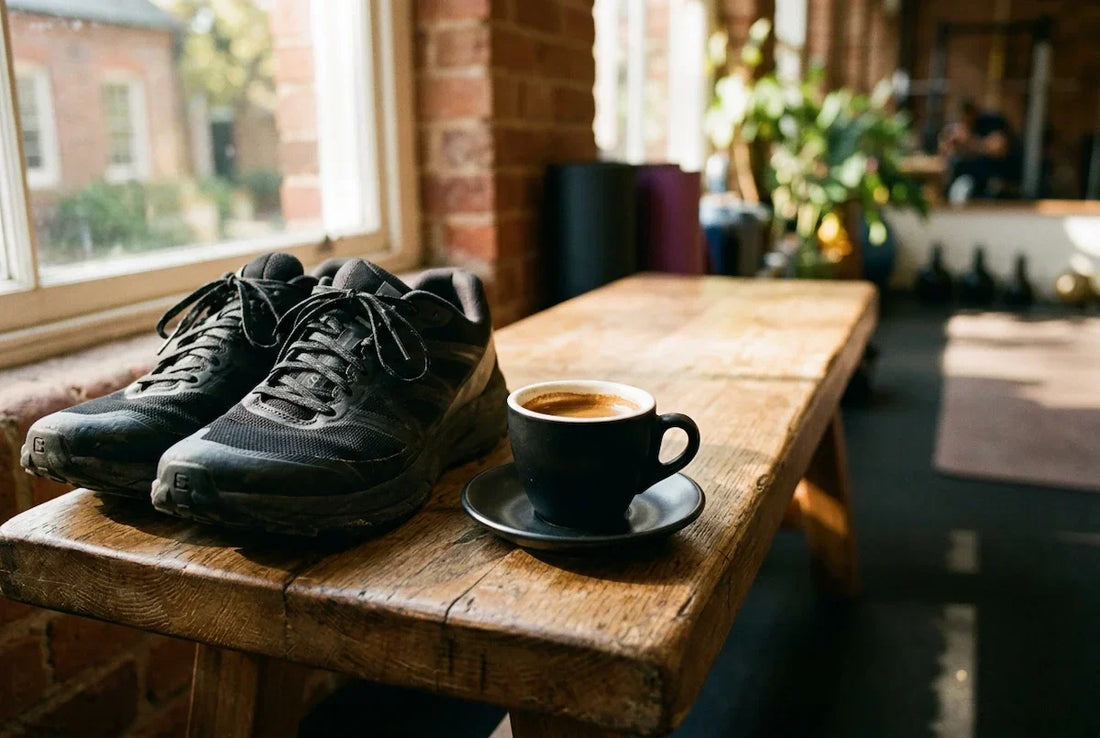 A cup of pre workout coffee sits next to running shoes as coffee before exercise for better caffeine sports performance.