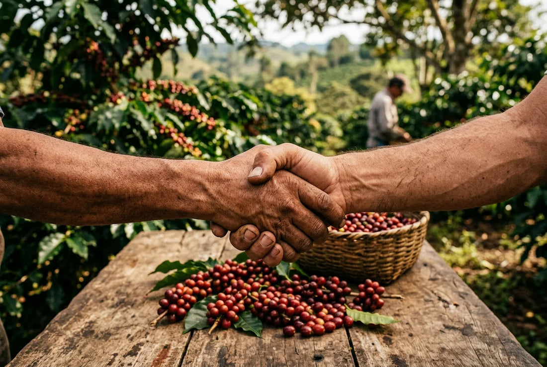 Direct import coffee from Chiapas: a coffee farmer inspects ripe cherries for fair coffee import and direct trade coffee.