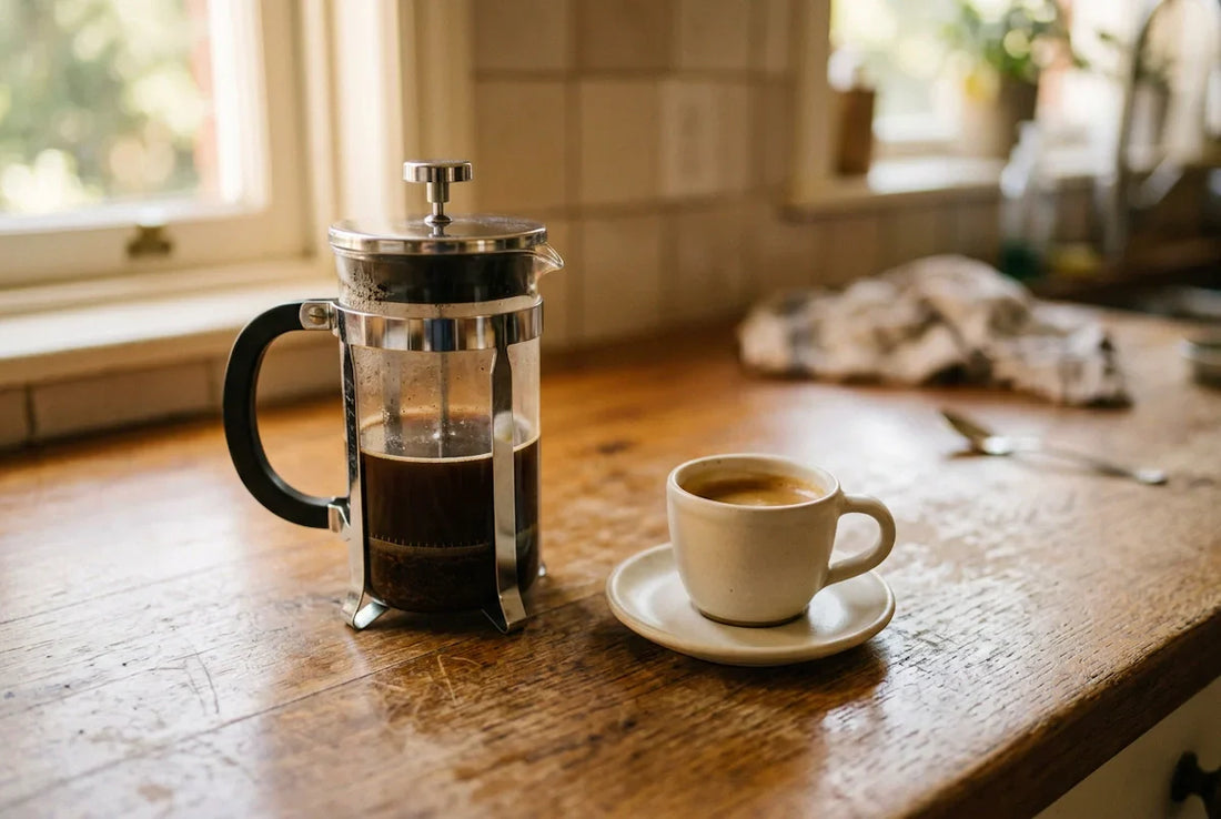 A french press coffee and an espresso cup side by side comparing coffee brewing method at home.