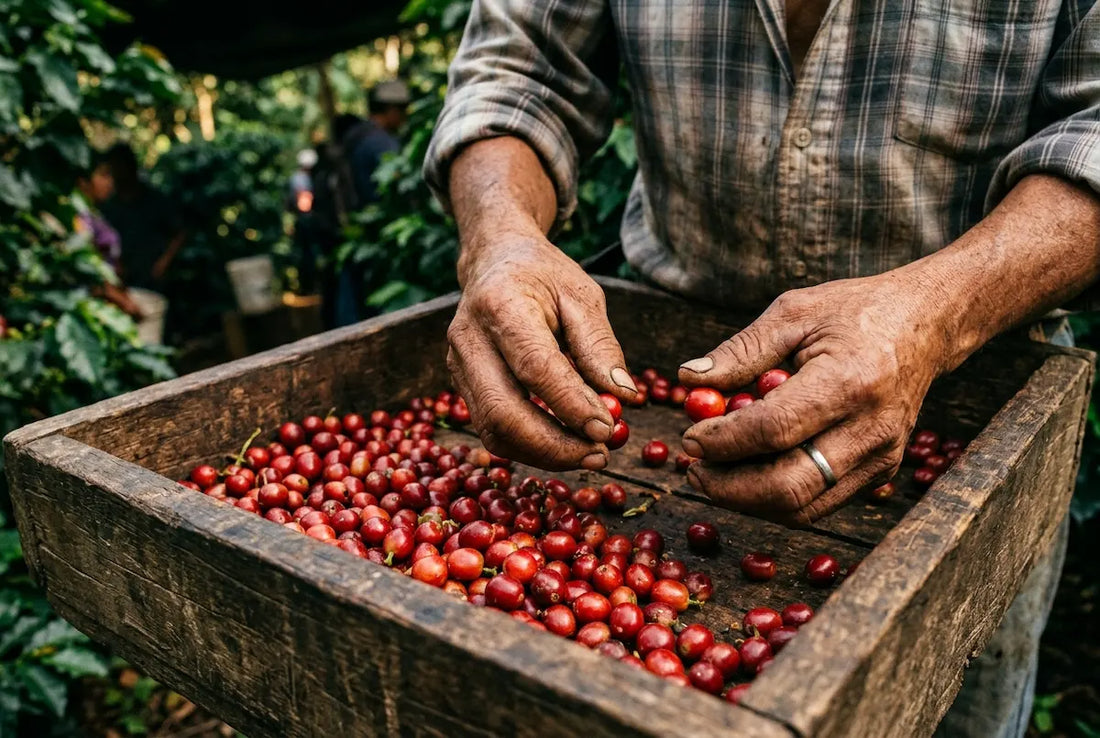 A transparent coffee supply chain starts at the farm: coffee cherries being sorted for fair coffee production in the Chiapas coffee region.
