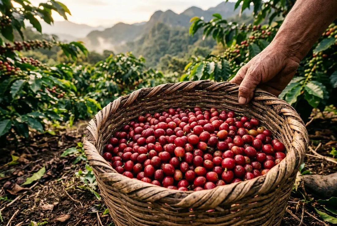 The coffee production process starts with picking ripe coffee cherries on a plantation in Chiapas producing single origin koffie.