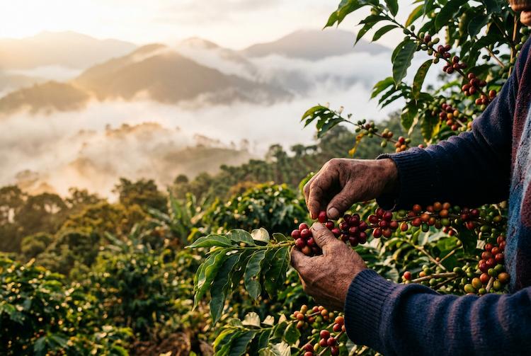Coffee farmer hand-picking ripe red cherries on a hillside plantation in the highlands of Chiapas Mexico at sunrise.