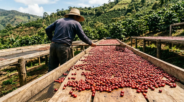 Koffiekersen liggen verspreid op verhoogde droogbedden in de zon tijdens natural processing — de natural processed methode die de smaak van koffie bepaalt.