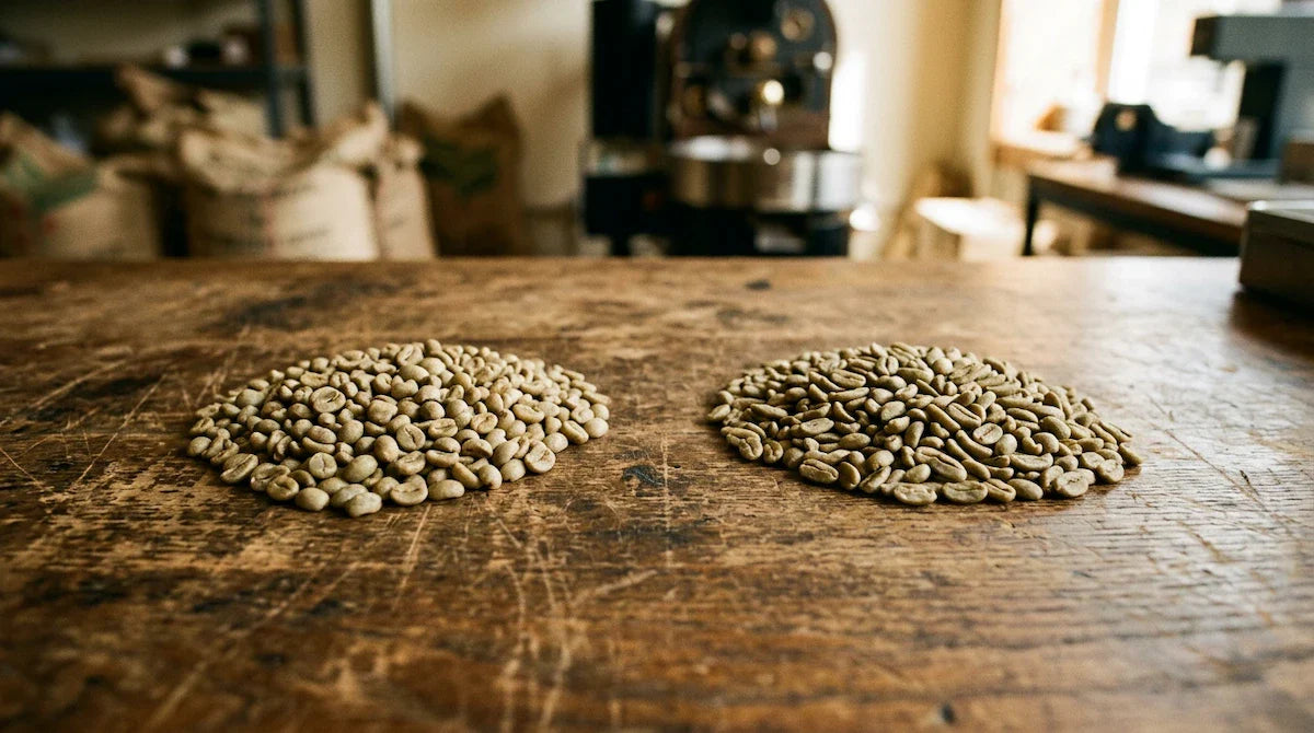 Two piles of green coffee beans on a wooden roastery table showing robusta vs arabica