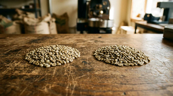 Two piles of green coffee beans on a wooden roastery table showing robusta vs arabica