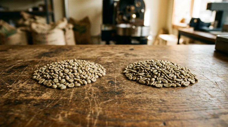 Two piles of green coffee beans on a wooden roastery table showing robusta vs arabica