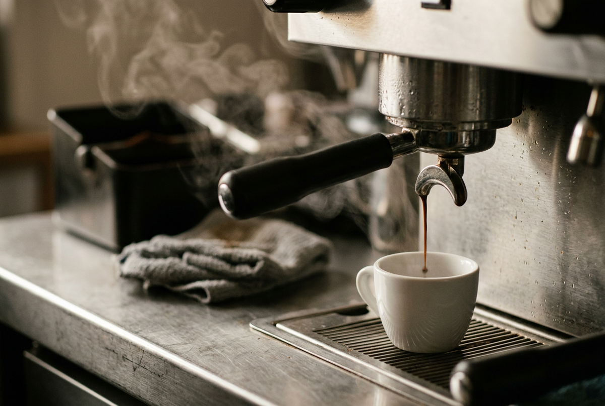 An espresso puck is still mostly dry one second into the shot