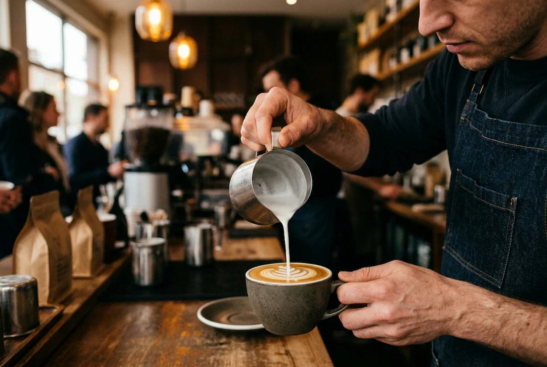 A barista pouring oat milk coffee into a glass as an oat milk latte with latte art in a specialty coffee bar.