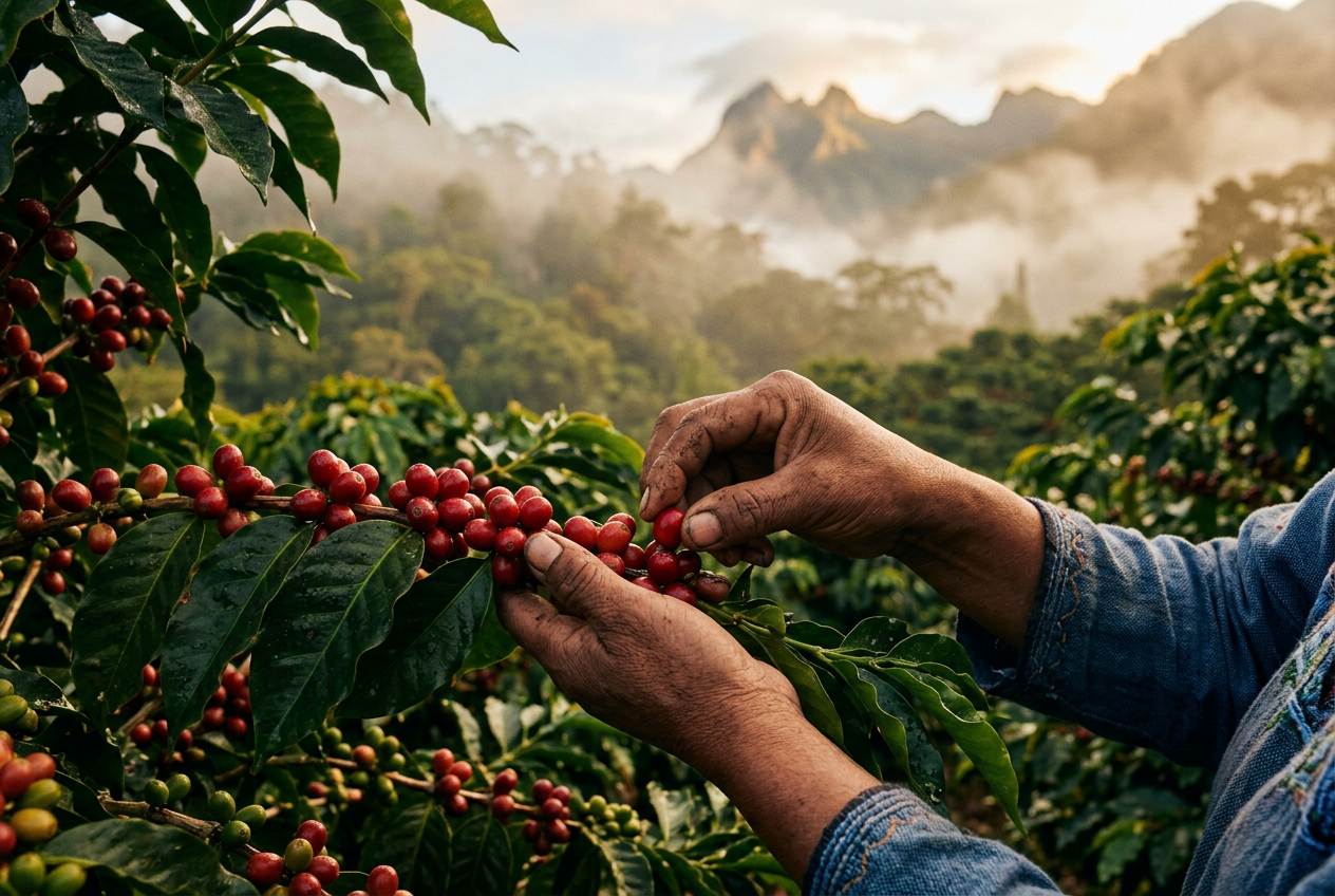 Un caficultor cosecha cerezas de arábica en la montaña mientras los precios del café siguen subiendo en 2026.
