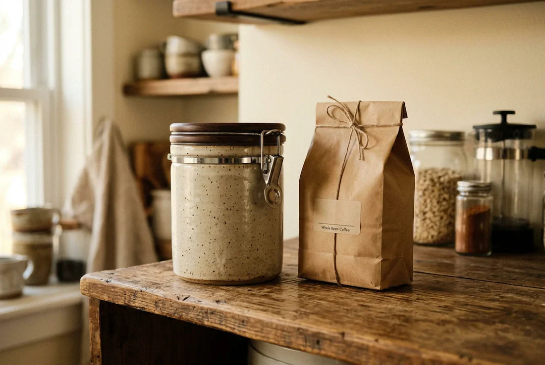 An airtight dark container for storing coffee sits on a wooden table next to a bag of specialty coffee fresh ground beans.