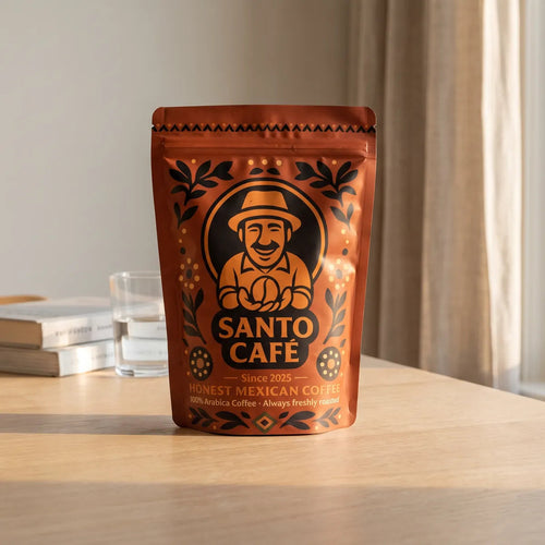 Santo Café Specialty Coffee, bag on an oak table